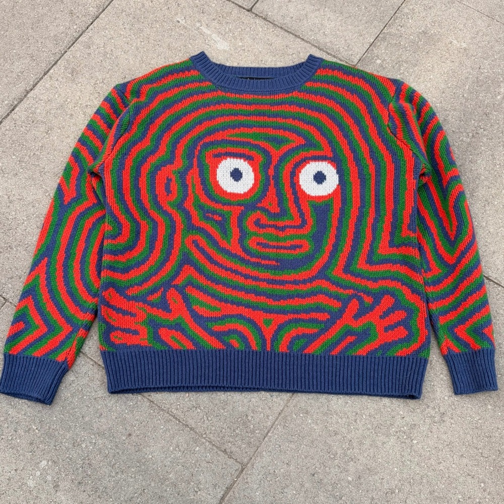 Advisry Creature World Psychedelic Face Knit Sweater Blue Red Green Small